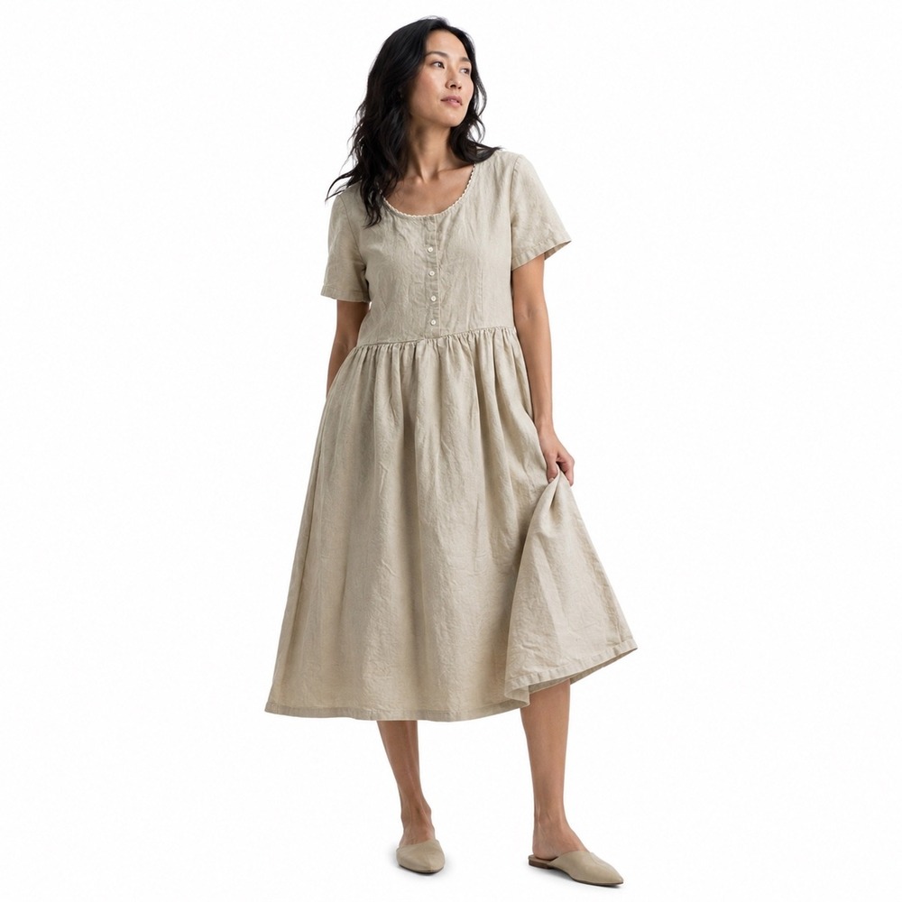 Vtg FADS Linen Blend Midi Dress Beige XL Cottagecore Lagenlook Boho Prairie